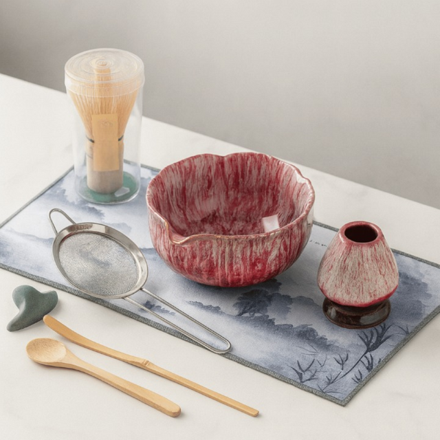 Kit matcha complet Takumi Matcha 8 pièces : bol céramique 550 ml, fouet chasen, support, tamis et cuillère, pour débuter