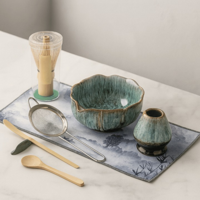Kit matcha coloris bleu : bol, fouet chasen, tamis et cuillères, le matériel de la base serrée d'un matcha glacé
