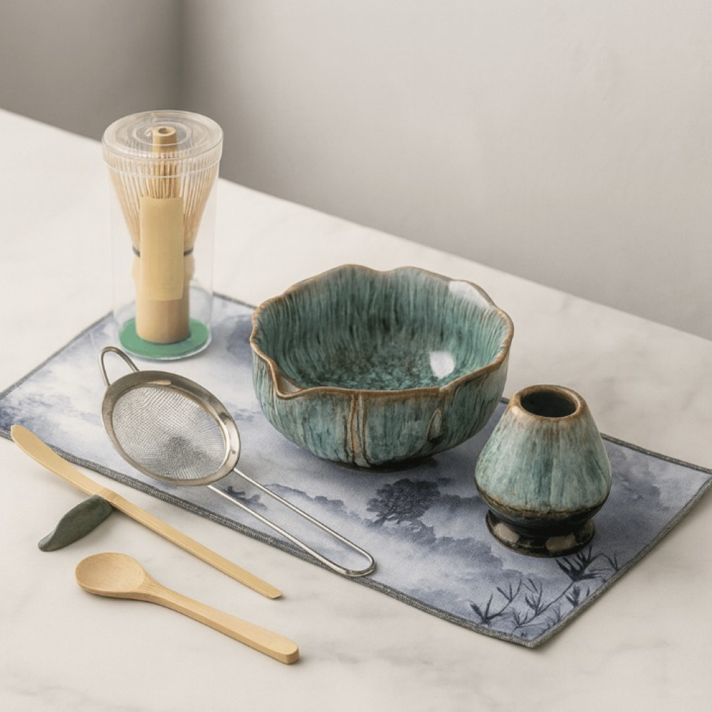 Kit matcha coloris bleu : bol, fouet chasen, tamis et cuillères, le matériel de la base serrée d'un matcha glacé