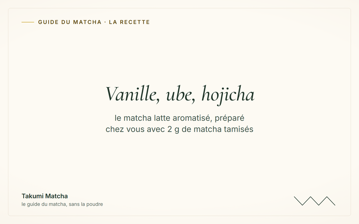 Vanille, ube, hojicha — couverture de l'article « Matcha aromatisé : le guide des saveurs 2026 », Takumi Matcha