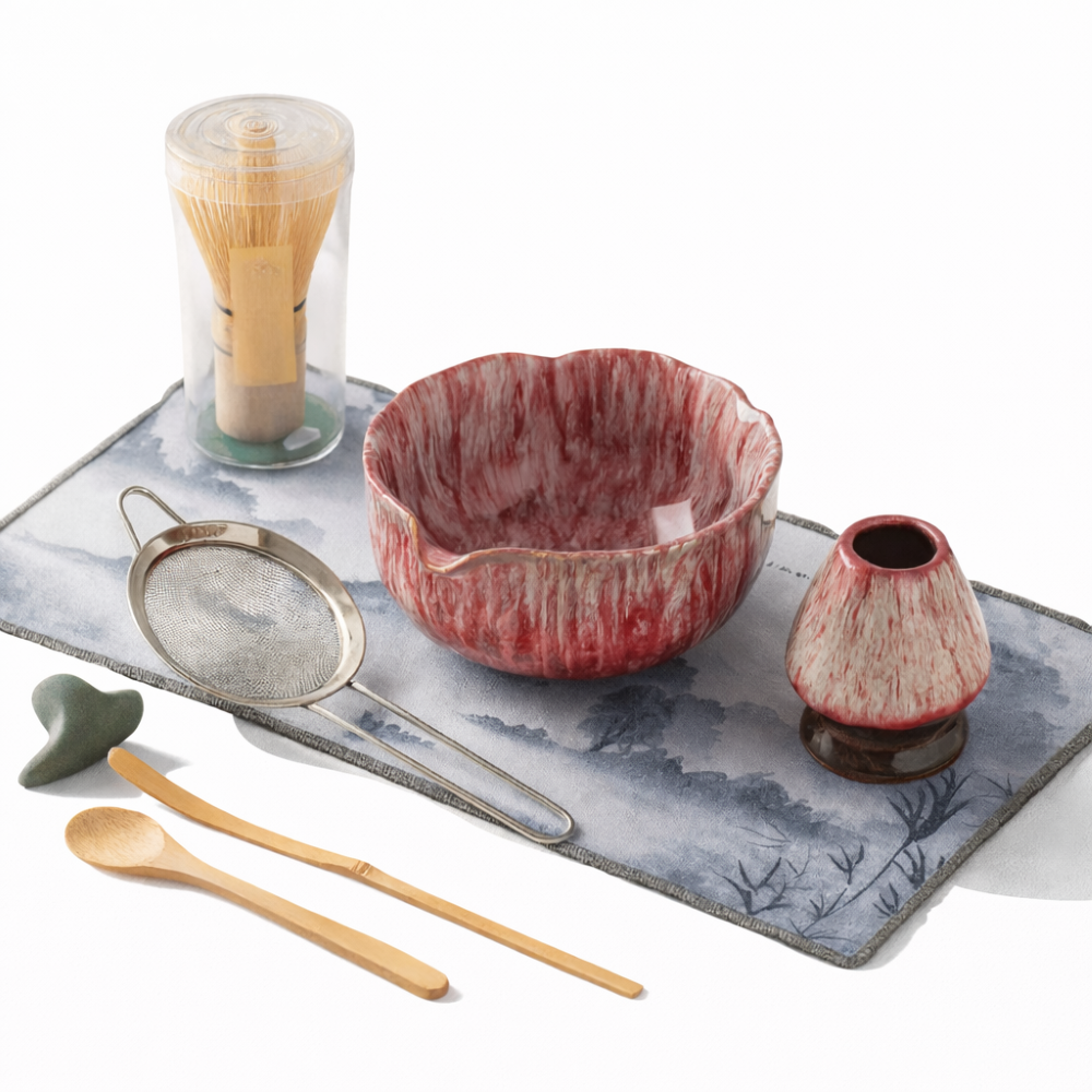 Kit matcha 8 pièces coloris rose vu d'ensemble sur son plateau