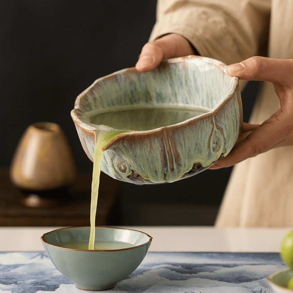 Matcha fraîchement fouetté versé depuis le bol de 550 ml du kit Takumi Matcha 8 pièces
